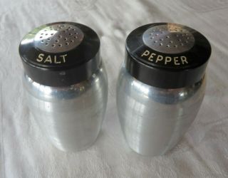 Vintage Salt & Pepper Shaker Set Pair Spun Aluminum Black Tops