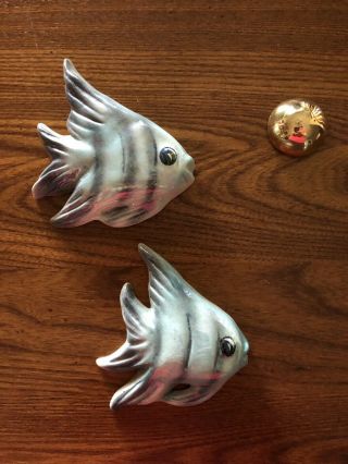 2 Vintage Ceramicraft Aqua/gray Small Fish And Gold Bubble Wall Decor