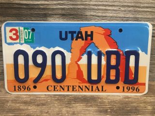 Utah Centennial License Plate Featuring Arches National Park With A 2007 Sticker