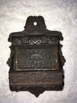 Antique C.  Parker Cast Iron Wall Hung Match Safe W.  Strike Plate 1869 1870 Pat.
