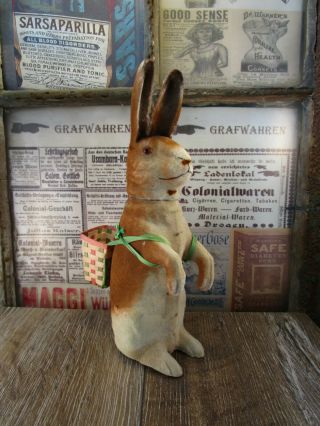 , Antique,  Large German Easter Bunny Candy Container & Basket / Glass Eyes