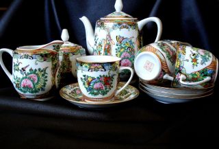 Antique Chinese Canton Famille Rose Porcelain Hand Painted Tea Set