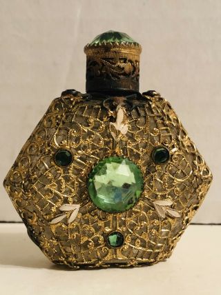 Antique Czech Jeweled Filigree Metal Perfume Bottle W/ Enamel & Green Stones