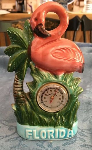 Vintage Ceramic Pink Flamingo Figurine Thermometer Japan 5 1/2”