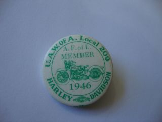 Rare 1946 Harley Davidson Uaw Of A Local 209 Union Pin Knucklehead Pinback