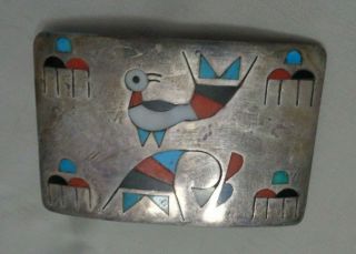 Sterling Southwest Vintage Belt Buckle Inlay Coral,  Turquoise & Onyx.  3 "