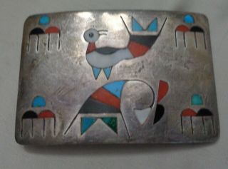STERLING SOUTHWEST VINTAGE BELT BUCKLE INLAY CORAL,  TURQUOISE & ONYX.  3 