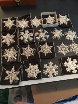 19 Gorham Sterling Silver Snowflake Christmas Ornaments Various Dates 1970 - 1988