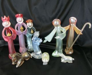 Hand Blown 9 Piece Colored Frosted Glass Nativity Set Gold Accents Modern