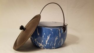 Antique Blue White Swirl Graniteware Enamelware Cooking Pot