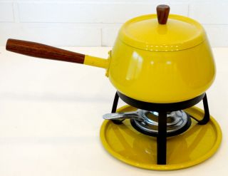 Vintage Mid - Century Danish Modern Enamel & Teak Fondue Pot & Stand / Eames Retro