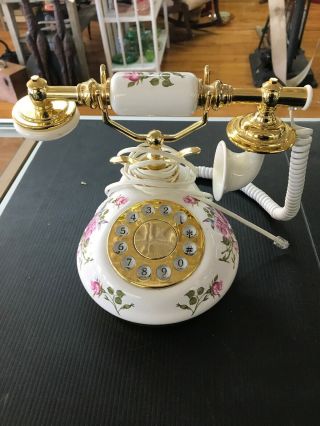Desk Phone - French Style - Rose Design - Push Button Rotary Dial Porcelain F18