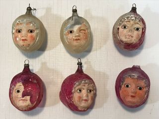 6 Antique German Little Red Riding Hood Glass Eyed Face Christmas Ornaments