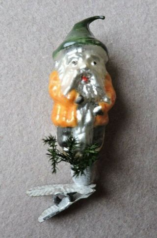 Antique German Glass Christmas Ornament - Gnome On A Clip - 1940s