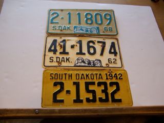 Vintage 1942 South Dakota License Plate Plus Two 1962 And 1968