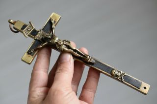 ⭐ Antique Crucifix W Skull & Bones,  Religious Cross,  Ebony Wood,  Christ Bronze ⭐