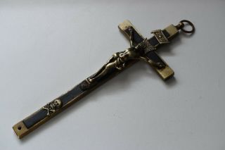 ⭐ antique crucifix w skull & bones,  religious cross,  ebony wood,  christ bronze ⭐ 6