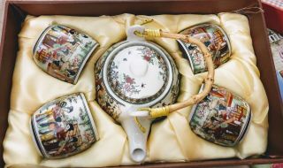 5pc Ceramic Oriental Beauties Chinese Tea Set Teapot Strainer 4 Cups In Gift Box