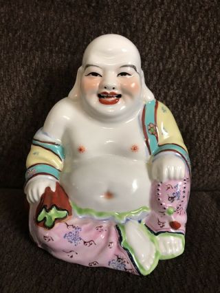 Chinese Laughing Buddha Famille Rose Porcelain Statue Figurine Vintage