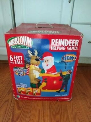 Gemmy Airblown Inflatable Reindeer Helping Santa 6 Ft Tall