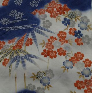 Japanese Vintage Kimono Silk Fabric Cherry Blossom And Bamboo.