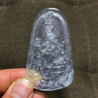 Rare Collectible Chinese Amulet Jadeite Jade White Ice Kwan - Yin Handwork Pendant