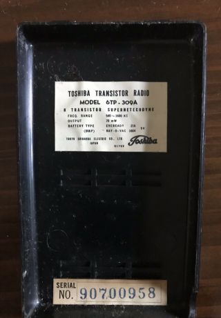 Vintage Toshiba Transistor Radio 6TP - 309a/ Leather Case Good Sound 8