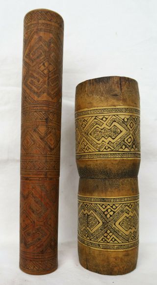 2 Pc Indonesian Timor Bamboo Betelnut Container Artifact Late 20th C, .