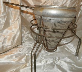 Vintage Heavy Duty No.  8 Aluminum Cone Sieve Strainer,  Wood Pestle & Stand