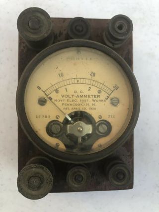 Antique Hoyt Dc Volt Meter,  Ammeter Early Electrical Gauge Wood Base Rare