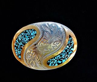 Vintage Western Engraved German Silver And Crushed Inlay Turquoise Belt Buckle