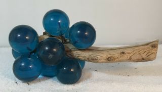 Vtg Mcm Acrylic Lucite 11 Grape Bunch Cluster Teal Blue Translucent Wood Stem