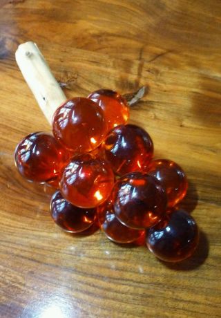 Vintage Acrylic Lucite Large 13 Amber Grape Cluster With Wood Stem