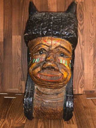 Antique Hand Carved & Painted American Indian Chief Head Bust Cigar Store