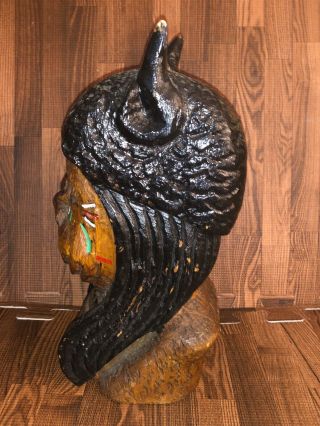 ANTIQUE HAND CARVED & PAINTED AMERICAN INDIAN CHIEF HEAD BUST CIGAR STORE 3