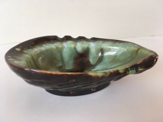 Vintage Ceramic Ashtray Green Brown Leaf Shape Drip Glaze Mid Century Cigarette