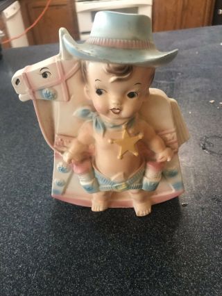 Vintage Ceramic Rubens Japan Baby Boy Cowboy Rocking Horse Nursery Planter