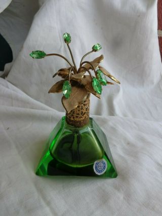 Vintage Irice Emerald Green Crystal Glass Rhinestone Beaded Perfume Bottle