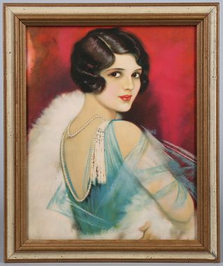 Framed Earl Christy 1930s Art Deco Pin - Up Print Glamorous Flapper In Pearls Rare