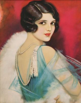 Framed Earl Christy 1930s Art Deco Pin - Up Print Glamorous Flapper in Pearls Rare 2