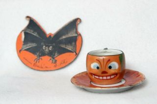 Antique Rare Halloween Bat Card & Jol Tea Cup & Saucer