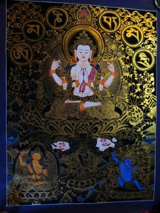 Tibetan Lord Chenrezig 23.  2 " X 17.  4 " Thangka Natural Color Hand Painting Nepal