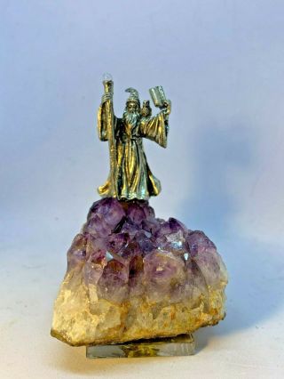 Vtg Pewter Wizard On Amethyst Geode Base With Crystal Ball,  Owl & Magic Book