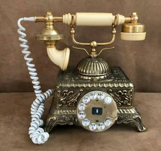 Vintage Gold Tone French Victorian Rotary Telephone Ivory Deco - Tel