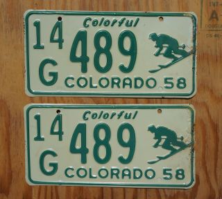 1958 Colorado SKIER License Plate PAIR / SET 2