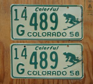 1958 Colorado SKIER License Plate PAIR / SET 3