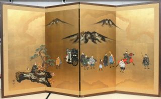 Vtg Japanese Chinese 4 Panel Folding Screen Byobu Painted 66x36 Gold Signed