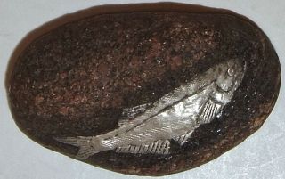 Vintage Unknown Stone Rock W/silver Fish Inlay Nr