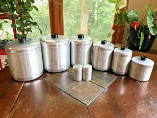 Vintage Mid Century Canister Set 14 Piece Brush Aluminum Ware W/ Grease Canister