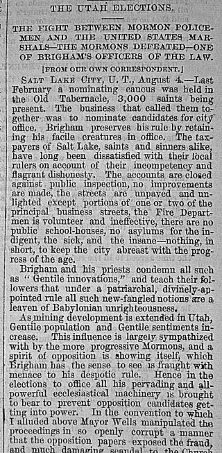 Mormon Fight With U.  S Marshals - Utah Elections 1874 Newspaper Custer Black Hills